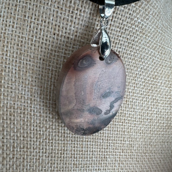Oval Red Flower Picture Jasper Pendant on Black Satin Rope - Picture 12 of 13
